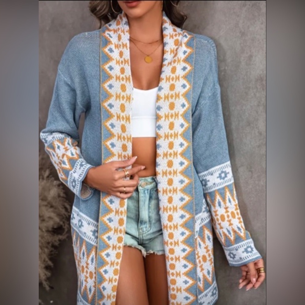 NEW Boutique Blue Aztec open front Cardigan 3X 🌹🌸🌹 red black bin - Picture 7 of 7